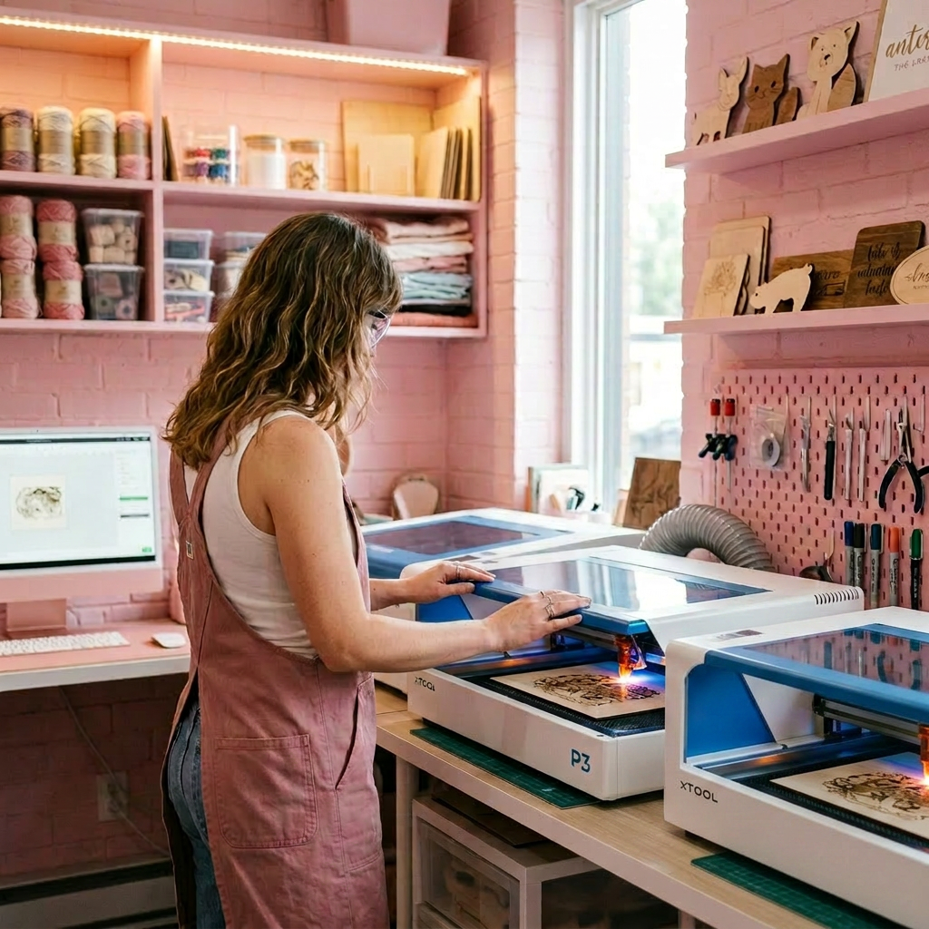 Woman using laser engraver machine on wood in a craft studio