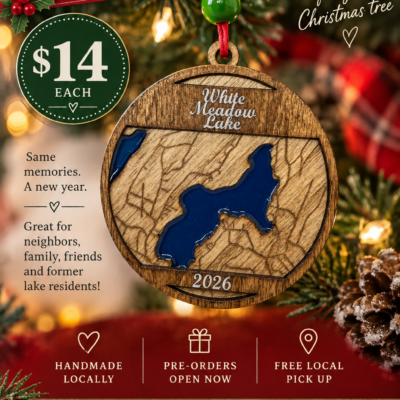 White Meadow Lake 2026 Ornament – Handmade Lake Map Keepsake