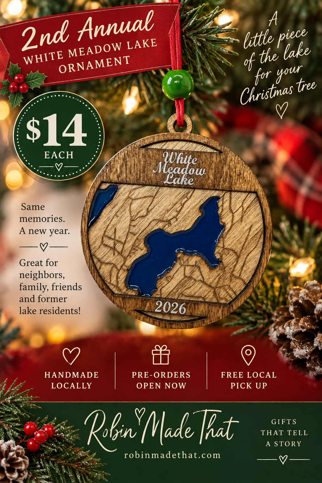 White Meadow Lake 2026 Ornament – Handmade Lake Map Keepsake